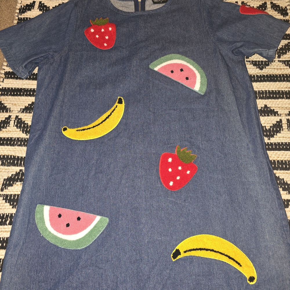 Lezy Oaf Denim Dress With Fruit Paches - Picture 3 of 6